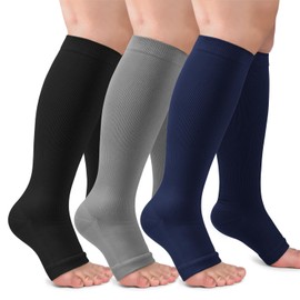 CTHH 3 Pack Open Toe Compression Socks for Women & Men, Toeless Knee High Stockings for Circulation Support, Black Gray Navy Small-Medium