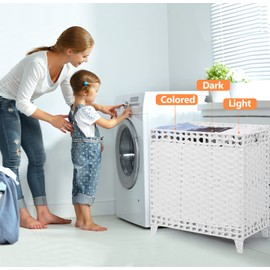 Laundry Hamper with 3 Removable Liner Bags; 132L Handwoven Rattan Laundry Basket with Lid & Heightened Feet; Clothes Hamper with Side Handles; Laundry Sorter with 3 Separate Sections (White)
