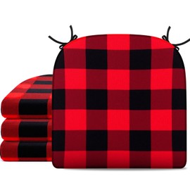 Youyole Plaid Chair Cushions Set of 4, 16'' x 16'' Christmas Buffalo Checks Seat Cushions with Ties, Red Black Chair Pads, Memory Foam Mat, Washable Covers, for Indoor Kitchen Dining Room Patio Decor