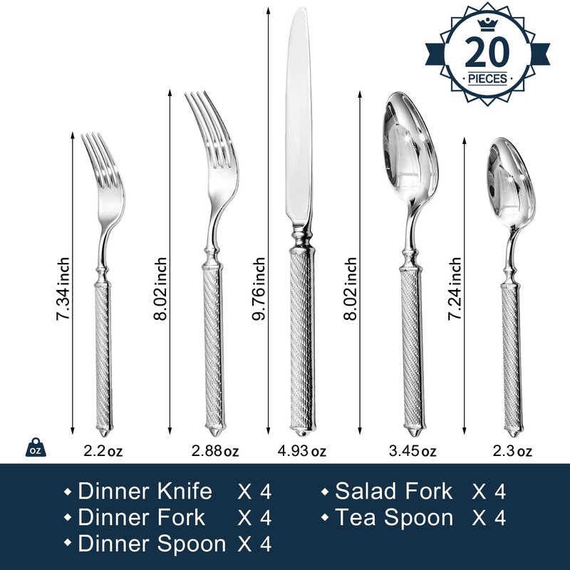 KINGSTONE Retro Rope-Pattern Silverware Set, 20-Piece Flatware Set Cutlery Set