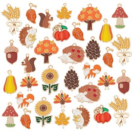 PH PandaHall 60pcs 15 Styles Autumn Charms for Necklace Bracelet Making - Pumpkin Maple Leaf Squirrel Charms for Thanksgiving Fall - Jewelry Making Home Party Decoration