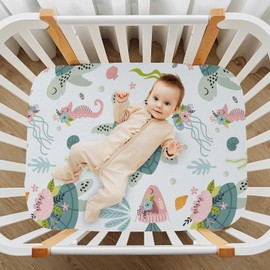 KICPOAY Fitted Crib Sheets Turtle Sea Horse Stretchy Portable Playard Sheets for Baby Toddler, Breathable Soft Mini Crib Mattress 39 x 27 in for Boys and Girls