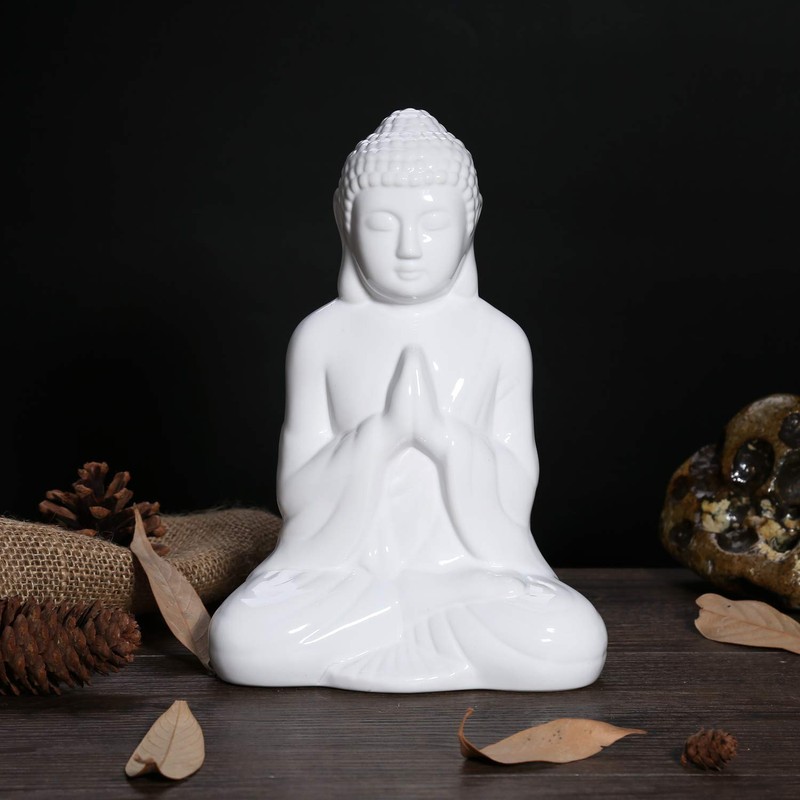 FORLONG Ceramic Praying Buddha Figurine, Serene Medium Statue （11 Inches
