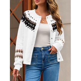 Saodimallsu Womens Fair Isle Sweater Button Up Long Sleeve Cardigans Crew Neck Open Front Knit Vintage Sweater Coats White