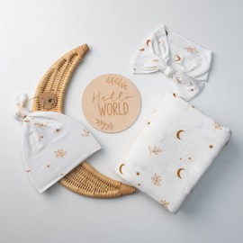 Miaoberry Organic Muslin Swaddle Blanket and Hat Set – Moon and Stars Nursery Decor – Sun & Moon Baby Hospital Receiving Outfit for Birth Announcement, Newborn Photography