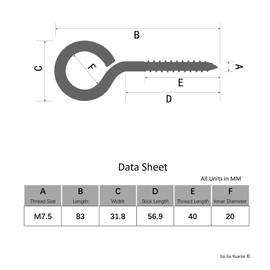 Set of 14 Stainless Steel Eye Bolts, M7.5 Eye Bolts with Wood Thread for Hammocks, Awnings, Hanging Chairs, Rocking Chairs, Fixed Cable and Hanging Baskets, Black