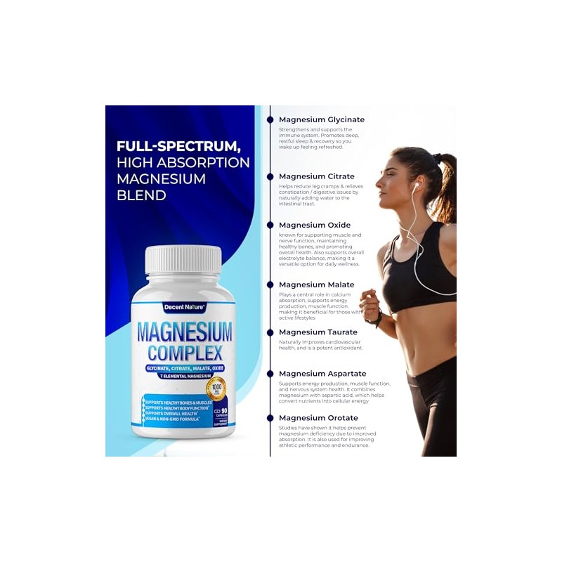 Decent Nature Complejo Magnesio Elemental Suplemento 1000mg Glicinato Citrato Malato