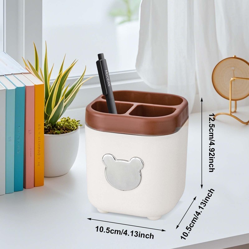Disnace 2 Cute Bear Pen Holder with 3 Compartments, Desk
