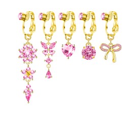 BSJ4U Fake Faux Belly Button Piercing for Women Gold Plated Pink CZ Clip on Belly Button Rings Hearts Butterfly Flower Bow Non Piercing Belly Ring