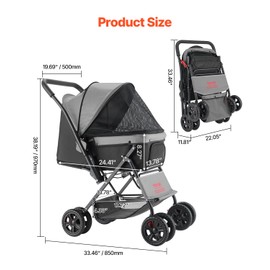 VEVOR Pet Stroller, 44 lbs Weight Capacity, Foldable Dog Cart, 4 Wheels Cats Stroller with Mesh Windows & Revrsible Handle, Portable Pet Carrier with Brake, for Small to Medium Pets