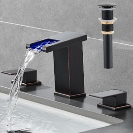 AVSIILE LED Bathroom Faucet 3 Hole, Oil Rubbed Bronze Waterfall Bathroom Faucets, 8 Inch Widespread Modern Bathroom Sink Faucet & Parts, Wide Spread Touch On Three Hole 2 Handle Bathroom Vanity Faucet