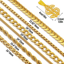 Riuziyi 7 Pcs Stainless Steel Necklace Chain Kit, Gold/Silver Plated Metal Snake/Cuban/Box/Rope Chain Link Jewelry 24" with Dollar Pendant Men Women (24 Inch, Gold)