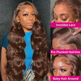 SPOU 30 Inch Chocolate Brown Lace Front Wig Pre Plucked 13x6 Body Wave Lace Front Wigs Human Hair 180% Density Colored #4 Light Brown Glueless Wig HD Lace Frontal Wigs for Women