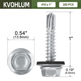 #10 x 1 (200 PCS) Metal Roofing Screws with Rubber Washer, Hex Head Self Tapping Screws for Metal, Self Drilling Sheet Metal Screw, Hex Bit Socket Included