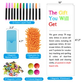Magnetic Whiteboard Paper for Wall 79" x 18", Adhesive Magnetic Dry Erase White Board Sticker with 79 Magnetic Letters and 12 Colors of Liquid Chalk for Kid, Peel and Stick Whiteboard Wallpaper