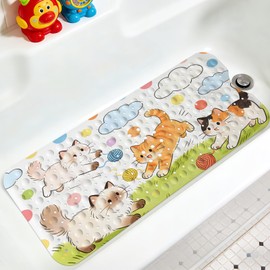 Kids Bathtub Mat, Non Slip Cartoon Bath Mat for Kids and Toddlers, Cute Cat Anti Slip Bathtub Safety Mat with Strong Suction Cups, Soft in-Tub Bath Mat for Children