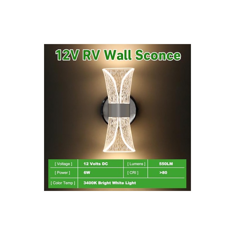12V LED Wall Sconce with Switch, 3400K 6W 550LM Dimmable