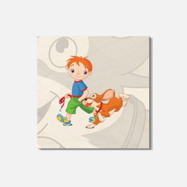 Unbranded Boy Walking A Dog Animal 4'' X 4'' Square Wooden Coaster