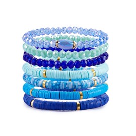 LEGENTLISUR 7 Pieces Heishi Bracelets Surfer Bracelets Boho Style Stackable Stretch Bracelets Layered Friendship Bracelets Summer Beach Jewelry Set(Blue)