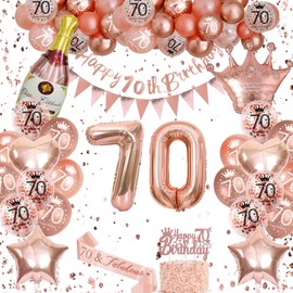 VICTERR 70th Birthday Decorations, Rose Gold Party Decoration, Set With 70th Birthday Balloons, Happy Birthday Banner, Champagne Balloon, Triangle Flag Banner