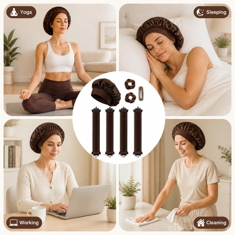 8 Pcs Brown Hair Rollers with Hooks & Satin Hat