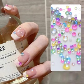 Jremg Colorful Bubble Beads Nail Art Charms Mermaid Aurora Pearls Nail Art Rhinestones 3D Half-Round Flat Back Nail Gems Kawaii Crystals Nail Art Crafts for Nails Eyes Makeup Crafts DIY 200Pcs