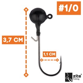 Zite Fishing Tungsten Jig Hook Set, Lead-Free Jig Heads with Fishing Hooks, 1/0-5/0 Matte Black, Ultra Sharp Jigheads Hooks, Bass & Zander Fishing, Rubber Bait Hooks with Fishing Weight (1/0 7.2 g)