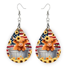 American Flag Highland Cow Earrings, Yellow Sunflower Cow Dangle Earrings, Patriotic Cow Earrings