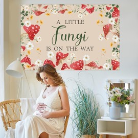 Funmemoir Mushroom Baby Shower Decorations, Mushroom a Little Fungi is on The Way Backdrop, Woodland Mushroom Photo Background Banner for Fairy Wildflower Forest Baby Shower Party Supplies