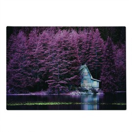 Ambesonne Lavender Cutting Board, Purple Trees by a Lake with Blue Wooden Rustic Lakehouse Lodge Romantic Spring Nature, Decorative Tempered Glass Cutting and Serving Board, Large Size, Purple