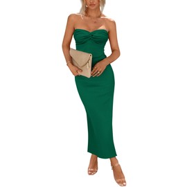 PRETTYGARDEN Women's Bodycon Long Dresses Summer Strapless Tube Twist Knot Front Ribbed Knit Maxi Cocktail Dress with Slit (Green,Large)