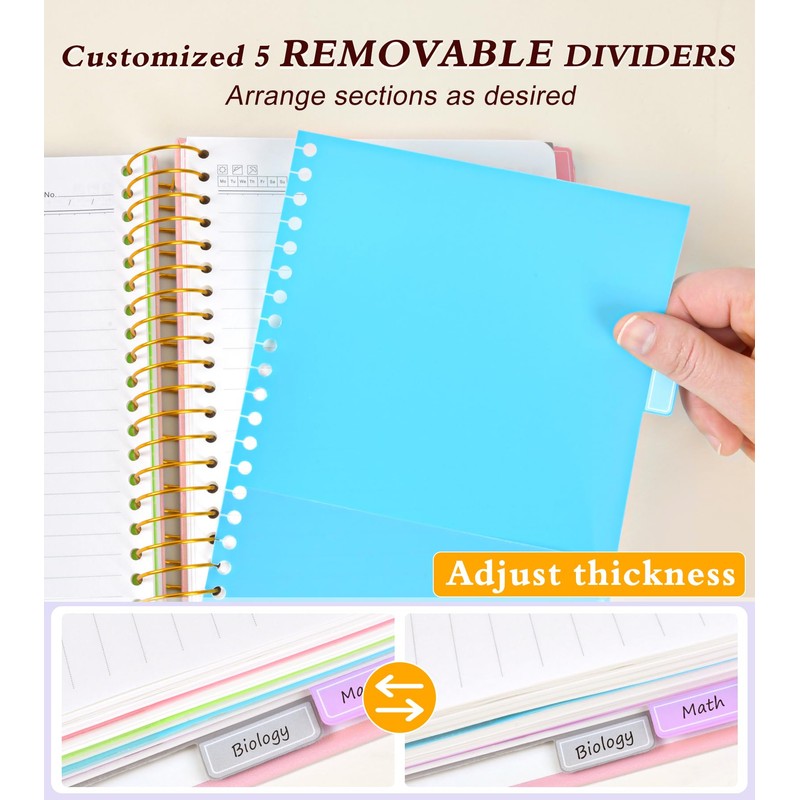 5 Subject Notebook College Ruled, Hardcover Spiral Notebook with Removable