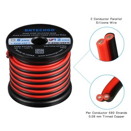 BNTECHGO 12 Gauge Flexible 2 Conductor Parallel Silicone Wire Spool Red Black High Resistant 200 deg C 600V for Single Color LED Strip Extension Cable Cord,Model,25ft Stranded Copper Wire