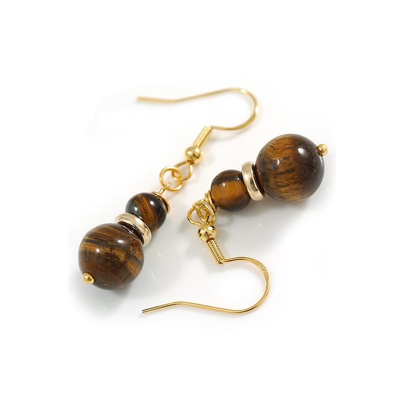 Natural Tiger Eye Stone Double Bead Drop Earrings with 925