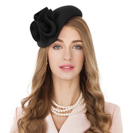 Vintage Women's Fascinators Wool Felt Pillbox Hat Ladies Hats for Church Derby Party Wedding Teardrop Hat Flower Fedoras, Black 3, Large