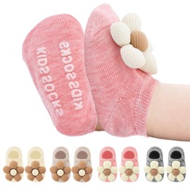4 Packs Baby Girls Socks Flower Non-slip Socks with Grips Low Cut Ankle Sock for Baby Toddler