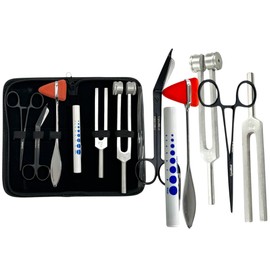 Neuro Diagnostics Examination Kit with Tuning Forks (128Hz & 512Hz) Taylor Reflex Hammer, Black 5.5" Lister Bandage Scissors, Black 5.5" Hemostats, Straight (6pcs Kit)