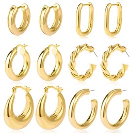 Juego de aretes de aro de oro para mujer, 6 pares de aretes de oro grueso chapados en oro de 14 quilates, ligeros, pequeños y gruesos, hipoalergénicos, de giro abierto, joyería de moda, regalos,