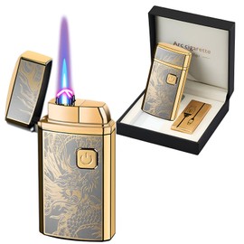 Torch Lighter, Jet Flame Butane Lighter and Dual Arc Lighter 2 in 1，USB Rechargeable Electric Lighter with Battery Indicator, Refillable Butane Windproof Lighter for Gifts (Without Butane)-Dragon A