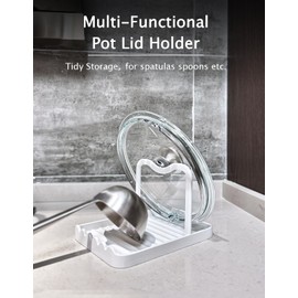 CHANNICORNER Anti-Rust Metal Spoon Rest with Lid Holder, Heat-Resistant Pot Lid Rest, Multifunctional Spatula Holder While Cooking for Stovetop and Kitchen Counter – White