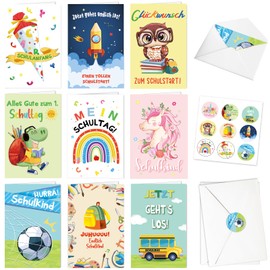 DPKOW Colourful First Day of School Cards for Boys and Girls, 2024 School Child Greeting Cards with Envelopes Stickers, Dinosaur Football Cards, School Cone Unicorn Greeting Cards, First Day of School