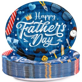 GiftPeak 50Pcs Fathers Day Oval Paper Plates, Large 10"X12.5" Disposable Happy Father's Day Party Decorations, Heavy Duty Dinner Food Plates, Fathers Day Party Supplies Dinnerware Tableware Set
