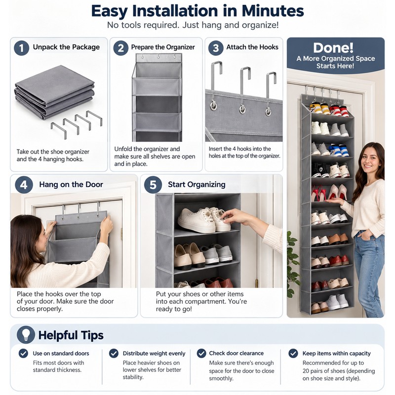 Over-the-Door Shoe Organizer for Space-Saving Storage – 10-Tier Deep Pocket