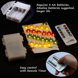 Impress Life Christmas Decor String Lights, 10ft 40LED Maple Leaf Fairy Light Silver Wire Battery Operated with Remote for Thanksgiving Harvest Festival, Seasonal Porch Bedroom Garlands Centerpiece