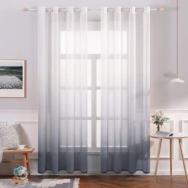 Miulee Set of 2 Transparent Curtains, Colour Gradient, Voile Sheer Curtains with Eyelets, Decorative Window Curtain for Bedroom and Living Room, 225 cm x 140 cm (H x W), White & Grey