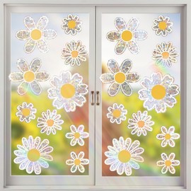Obluchye 5 Sheets Daisy Window Stickers, Spring Flowers Reflective Window Clings, Daisy Suncatchers Anti Collision Static Window Decals for Prevent Bird Strikes Display Shop Office Supplies