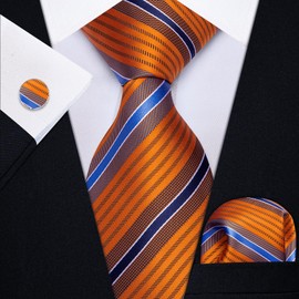 YourTies Striped Ties for Men Classic Woven Silk Necktie with Handkerchief Cufflinks Set Formal Business Party Wedding, Orange Blue Striped-1, One Size