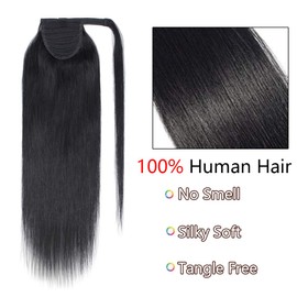 22" Ponytail Hair Extension Human Hair #01 Jet Black 100% Real Remy Hair Wrap Around Clip in Ponytail Straight