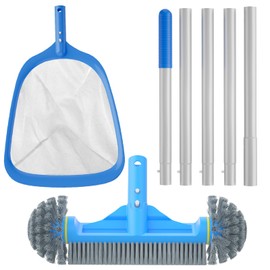 TidyMister 3PCS Cleaning Kit - 12.5'' Brush With Round End & 11'' Skimmer Net Fine Mesh & 5.7 Feet Thick Aluminum Pole 5-Segment, for Above Ground & Inground Pools Ponds