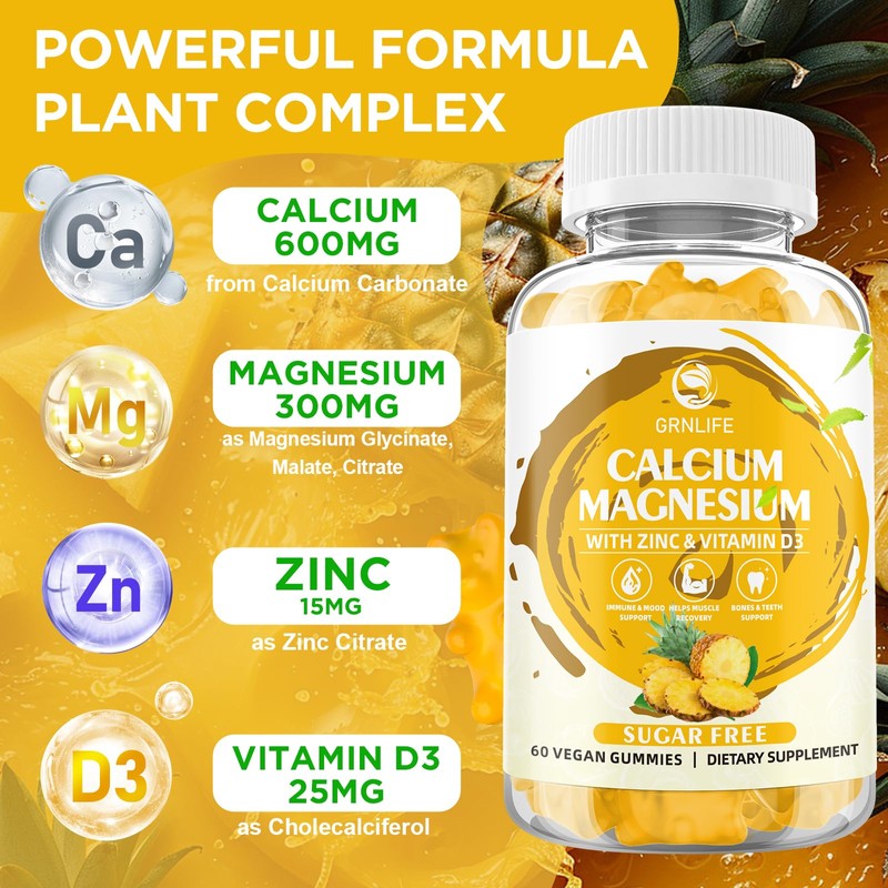 Calcium Magnesium Zinc Gummies with Vitamin D3, Sugar Free Calcium